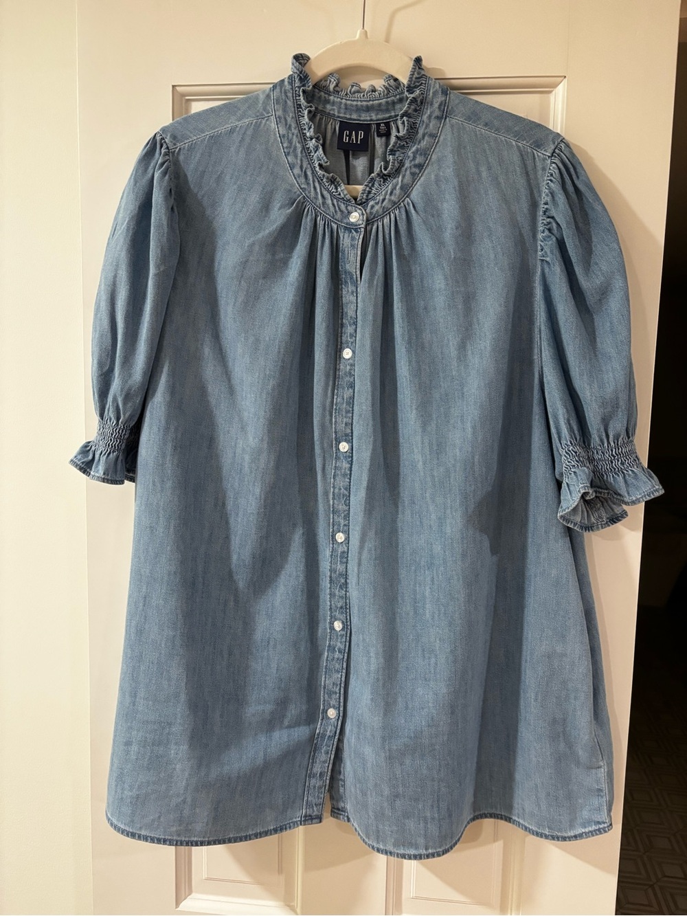 GAP Light Denim Ruffle Neck Button-Front Blouse